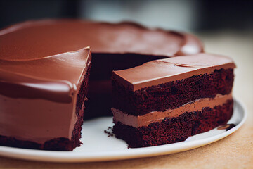 chocolate cake with chocolate cream lies on a white plate