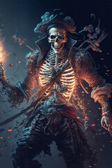 Pirate Skeleton Warrior, Fantasy Skel, Concept Art, Character Art, Skeleton Background, Digital Illustration, Generative AI