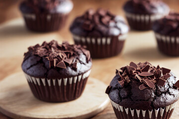 chocolate muffins sprinkled with chocolate shavings lie on a wooden table