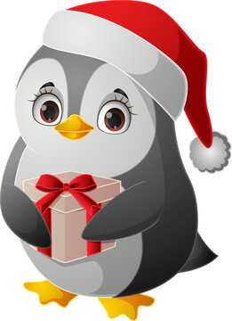 Cute penguin in santa hat holding gift box