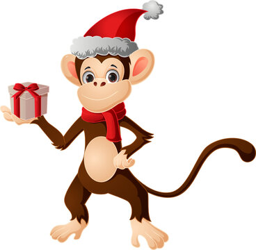 Cute little monkey in santa hat holding gift box