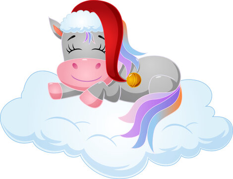 Cartoon cute unicorn sleeping on clouds