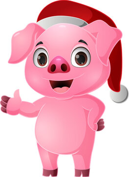 Cute pig cartoon wearing santa hat  waving hand
