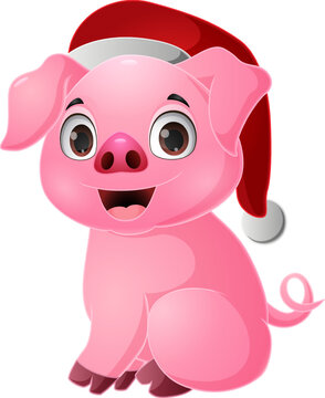 Cute pig cartoon wearing santa hat