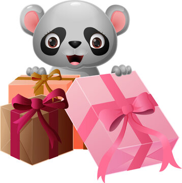 Cute baby lemur cartoon with gift box