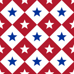 Diagonal stars and squares seamless pattern. American patriotic backgrounds. Independence day geometric prints. True USA flag colors perfect for election invitations. Holiday simple wallpaper.