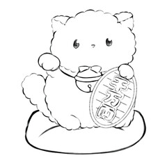 イラスト素材:右手をあげた千万両の招き猫(線画)