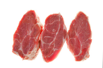  Pieces of chopped meat close-up. Pork fresh meat pieces set on white background.Meat products.Farm organic bio meat.Protein nutrition. piece of Raw pork