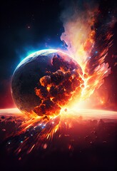 Obraz na płótnie Canvas Illustration of a meteor exploding in space. Meteor crashing on earth. Outer space explosion. Apocalypse. Comet. Space background. Backdrop 3d render/illustration.