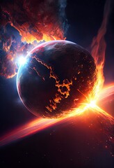 Illustration of a meteor exploding in space. Meteor crashing on earth. Outer space explosion. Apocalypse. Comet. Space background. Backdrop 3d render/illustration.