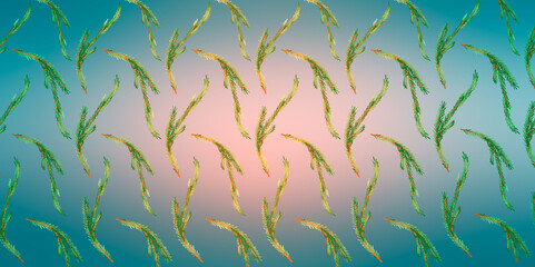 Patrón de ramas de pino en fondo rosa palido y azul.