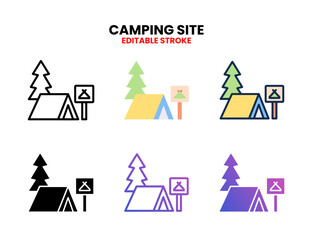Camping Site icon set vector line, outline, glyph, filled line, flat color, line and flat gradient. Editable stroke and pixel perfect. Can used for digital product, presentation, UI and many more.