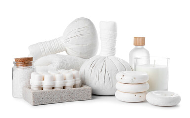 Beautiful composition with different spa products on white background