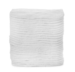 Stack of cotton pads on white background