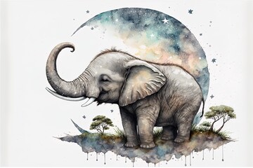 Cute Baby Elephant On The Crescent Moon Watercolor