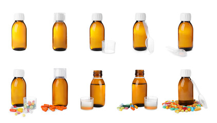 Set with bottles of cough syrup and pills on white background
