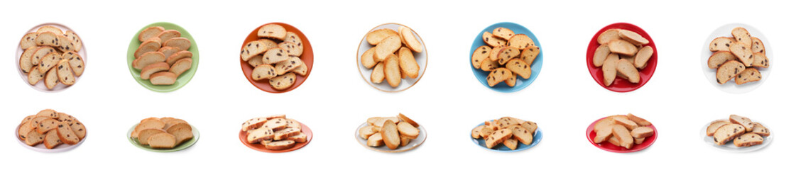 Set with plates of sweet hard chuck crackers on white background. Banner design