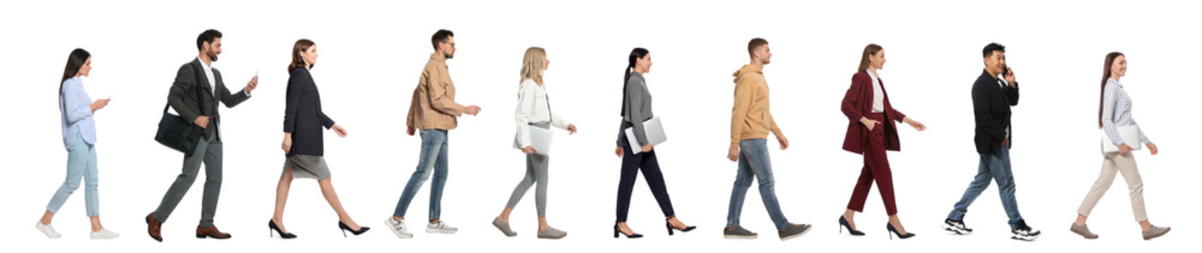 Collage with photos of people wearing stylish outfit walking on white background. Banner design