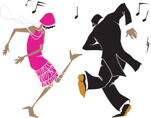 Playful vector illustration of a Roaring 20s couple dancing the Charleston