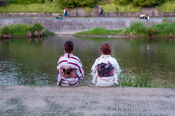 Women in Kimonos Kamo River Kyoto