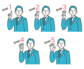 Vector illustration of a man using one to five fingers to represent the steps, procedures, and order of a business.