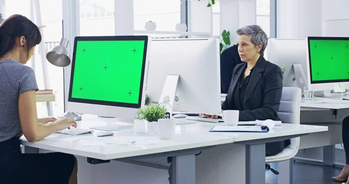 Computer, green screen and chroma key with business people in office for web design, planning or advertising. Technology, innovation and media with employee in digital agency for app, vision and goal
