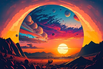 Breathtaking Shot Of A Suncartoon Style And A Colorful Sky