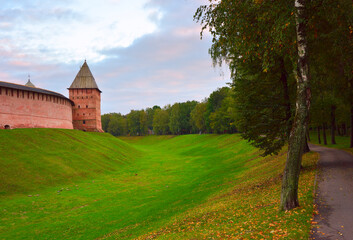 Ancient monuments of Veliky Novgorod. Moat and walls of the Kremlin, XV century, UNESCO monument....