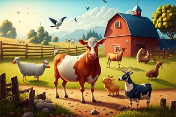 Farm Animals In Countryside Cartoon Poster