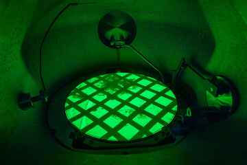 Environmental laboratory, actinolite fibers (asbestos variety) seen on the fluorescent screen of a...