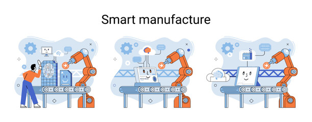 Fototapeta na wymiar Smart manufacture metaphor with automated production line. Innovative contemporary smart industry product design, delivery and distribution with people, robots and machinery, conveyor assembly line