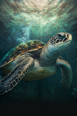 Fototapeta premium Sea Turtle Swimming in the Ocean, Digital Illustration, Concept Art, Generative AI
