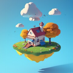 Floating island in air, blue clouds, autumn days. Cute kawaii vintage little yellow country house, 3d