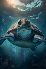 Obraz premium Sea Turtle Swimming in the Ocean, Digital Illustration, Concept Art