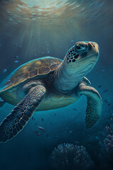 Fototapeta premium Sea Turtle Swimming in the Ocean, Digital Illustration, Concept Art