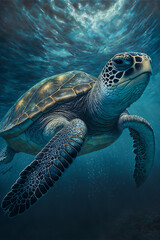 Fototapeta premium Sea Turtle Swimming in the Ocean, Digital Illustration, Concept Art