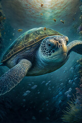 Sea Turtle Swimming in the Ocean, Digital Illustration, Concept Art, Generative AI