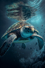 Obraz premium Sea Turtle Swimming in the Ocean, Digital Illustration, Concept Art
