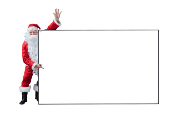 Santa Claus is holding and pointing the white blank sign for seasonal promotion sale and announcement board advertisement isolated on transparent background for commercial usage.