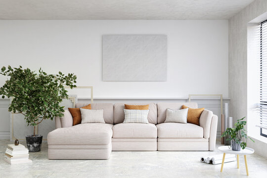 3d rendered illustration of a bright living room with mockup picture frame.