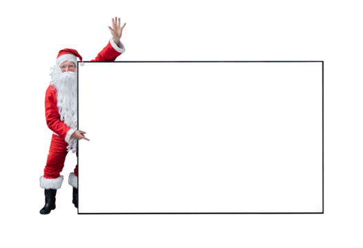 Santa Claus is holding and pointing the white blank sign for seasonal promotion sale and announcement board advertisement isolated on transparent background for commercial usage.