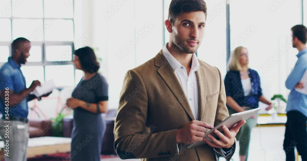 Aufkleber businessman, tablet and startup with technology and office, business and leader in portrait, manager