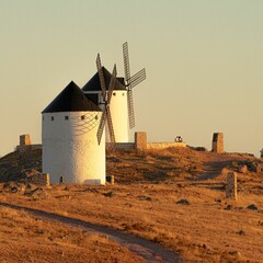 Beautiful view of windmills on a hill in Herencia, Ciudad Real, Spain
