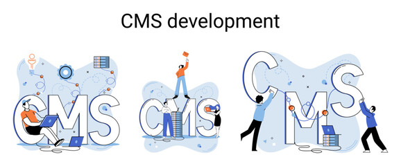 Digital content management system, CMS development software metaphor. Information system or computer program enable organize collaborative process of creating, editing and managing soft in network