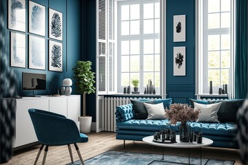 Trendy Modern Interior Of A Living Room With Blue Walls And White Windows