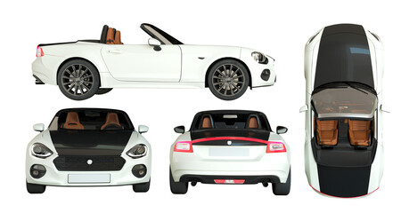 Cabriolet all sides view isolated on white, tinted glass - collection of all characteristic views - top, front, back, side, 3d rendering. White convertible mockup vehicle branding, corporate identity - obrazy, fototapety, plakaty