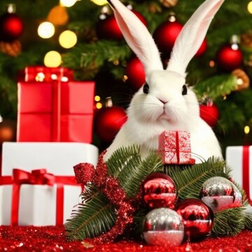An Adorable Big Eyed Bunny Surrounded by Large Christmas Decorations and Presents!