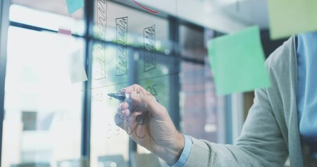 Sticky note, senior and businessman writing on glass wall planning sales growth, marketing strategy or company success plan. Office ceo thinking, working and brainstorming advertising innovation idea
