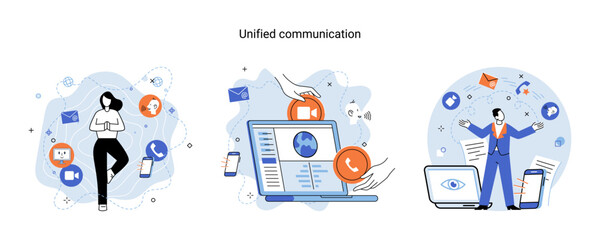 Unified communication metaphor. Social media creative idea. Online social network. Business interaction applications. Marketing time. Mobile computer gadgets for cooperations and information exchange