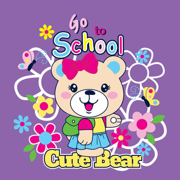 cute bear cartoon vector with beautiful flowers